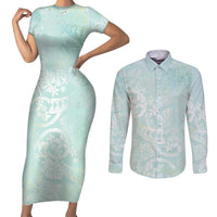 Polynesian Tiare Monstera Seafoam Green Couples Matching Short Sleeve Bodycon Dress and Long Sleeve Button Shirt Liquid Style LT01 Green - Polynesian Pride