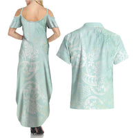 Polynesian Tiare Monstera Seafoam Green Couples Matching Summer Maxi Dress and Hawaiian Shirt Liquid Style LT01 - Polynesian Pride
