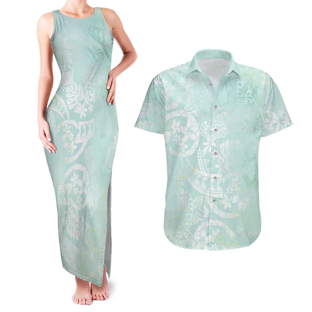 Polynesian Tiare Monstera Seafoam Green Couples Matching Tank Maxi Dress and Hawaiian Shirt Liquid Style LT01 Green - Polynesian Pride
