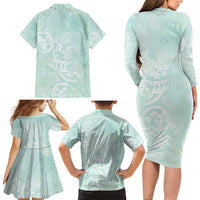 Polynesian Tiare Monstera Seafoam Green Family Matching Long Sleeve Bodycon Dress and Hawaiian Shirt Liquid Style LT01 - Polynesian Pride