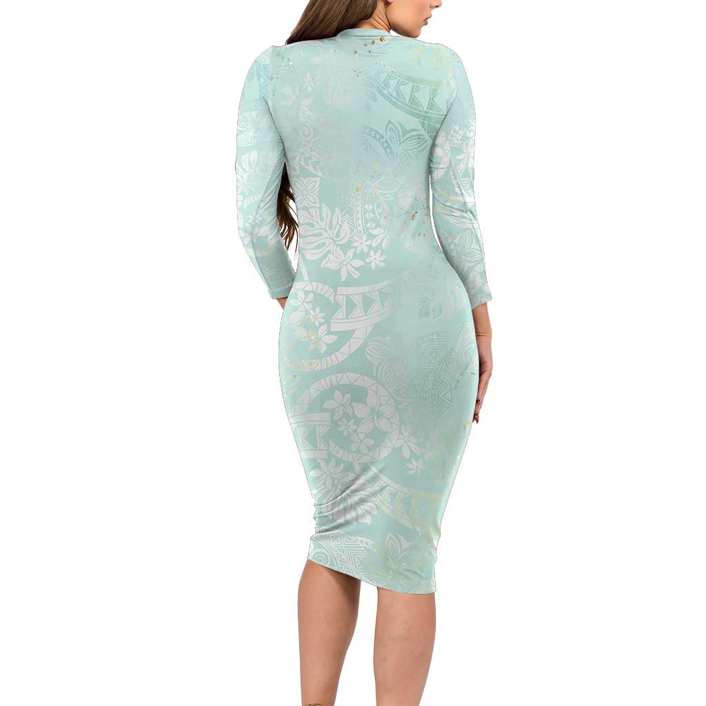 Polynesian Tiare Monstera Seafoam Green Family Matching Long Sleeve Bodycon Dress and Hawaiian Shirt Liquid Style LT01 - Polynesian Pride