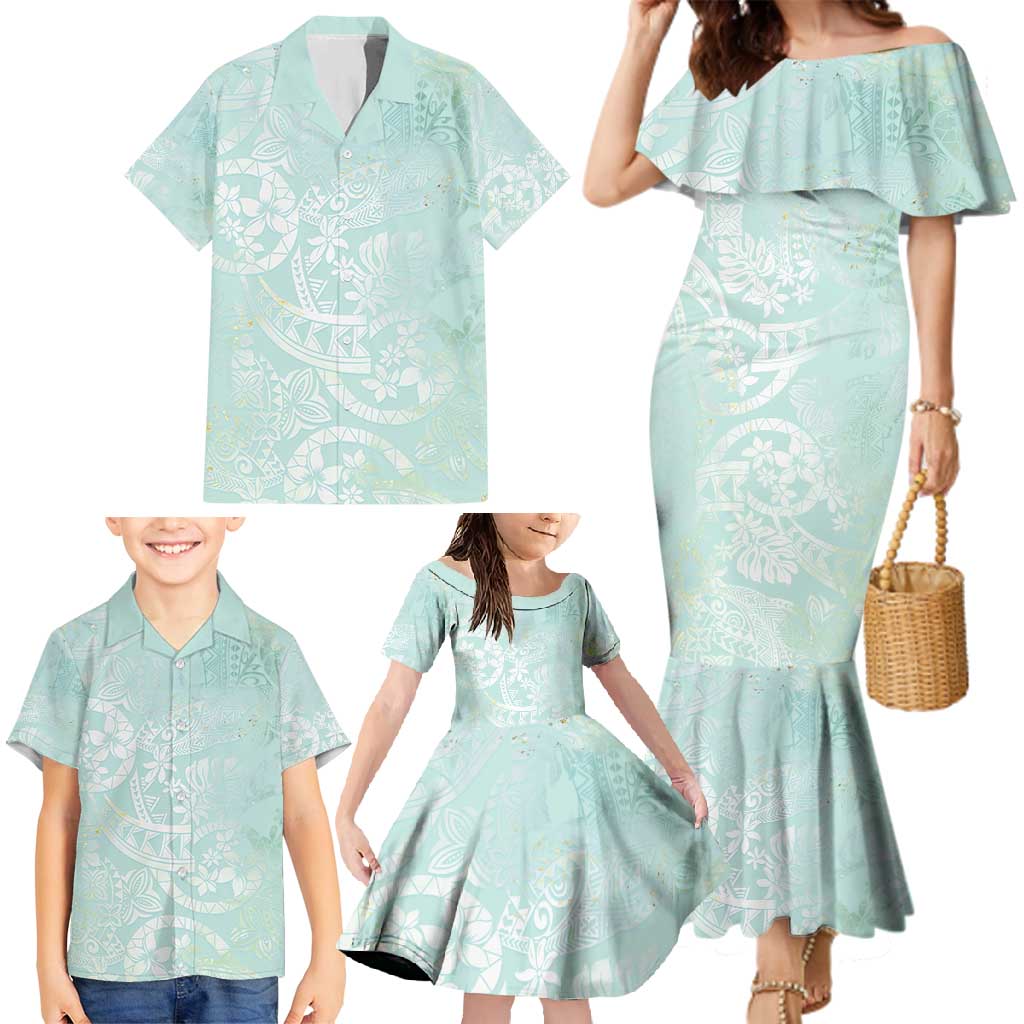 Polynesian Tiare Monstera Seafoam Green Family Matching Mermaid Dress and Hawaiian Shirt Liquid Style LT01 - Polynesian Pride