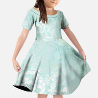 Polynesian Tiare Monstera Seafoam Green Family Matching Off The Shoulder Long Sleeve Dress and Hawaiian Shirt Liquid Style LT01 Daughter's Dress Green - Polynesian Pride