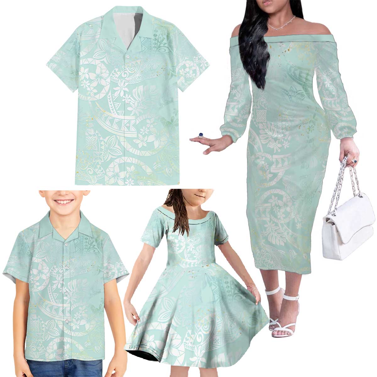 Polynesian Tiare Monstera Seafoam Green Family Matching Off The Shoulder Long Sleeve Dress and Hawaiian Shirt Liquid Style LT01 - Polynesian Pride