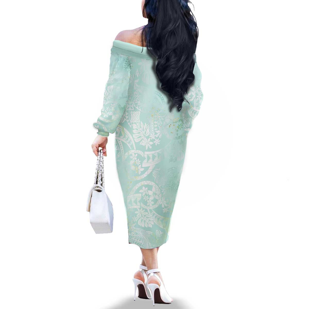Polynesian Tiare Monstera Seafoam Green Family Matching Off The Shoulder Long Sleeve Dress and Hawaiian Shirt Liquid Style LT01 - Polynesian Pride