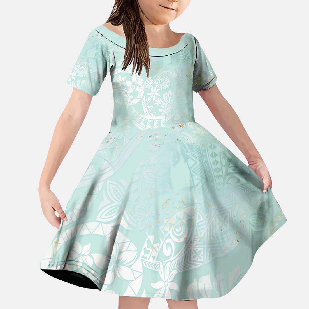 Polynesian Tiare Monstera Seafoam Green Family Matching Off Shoulder Maxi Dress and Hawaiian Shirt Liquid Style LT01 Daughter's Dress Green - Polynesian Pride