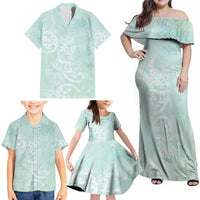 Polynesian Tiare Monstera Seafoam Green Family Matching Off Shoulder Maxi Dress and Hawaiian Shirt Liquid Style LT01 - Polynesian Pride