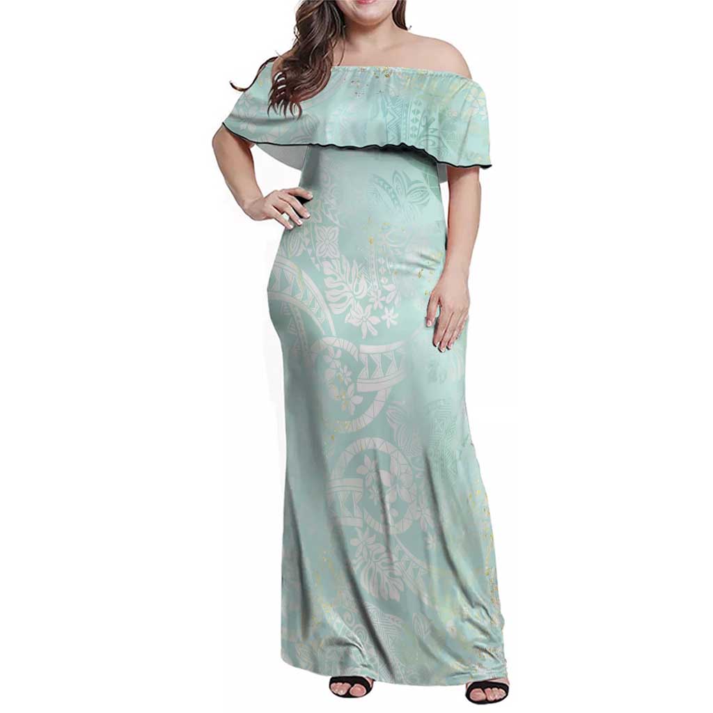 Polynesian Tiare Monstera Seafoam Green Family Matching Off Shoulder Maxi Dress and Hawaiian Shirt Liquid Style LT01 Mom's Dress Green - Polynesian Pride