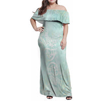 Polynesian Tiare Monstera Seafoam Green Family Matching Off Shoulder Maxi Dress and Hawaiian Shirt Liquid Style LT01 Mom's Dress Green - Polynesian Pride