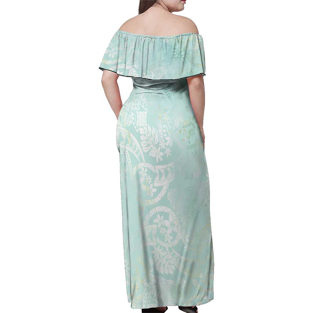 Polynesian Tiare Monstera Seafoam Green Family Matching Off Shoulder Maxi Dress and Hawaiian Shirt Liquid Style LT01 - Polynesian Pride