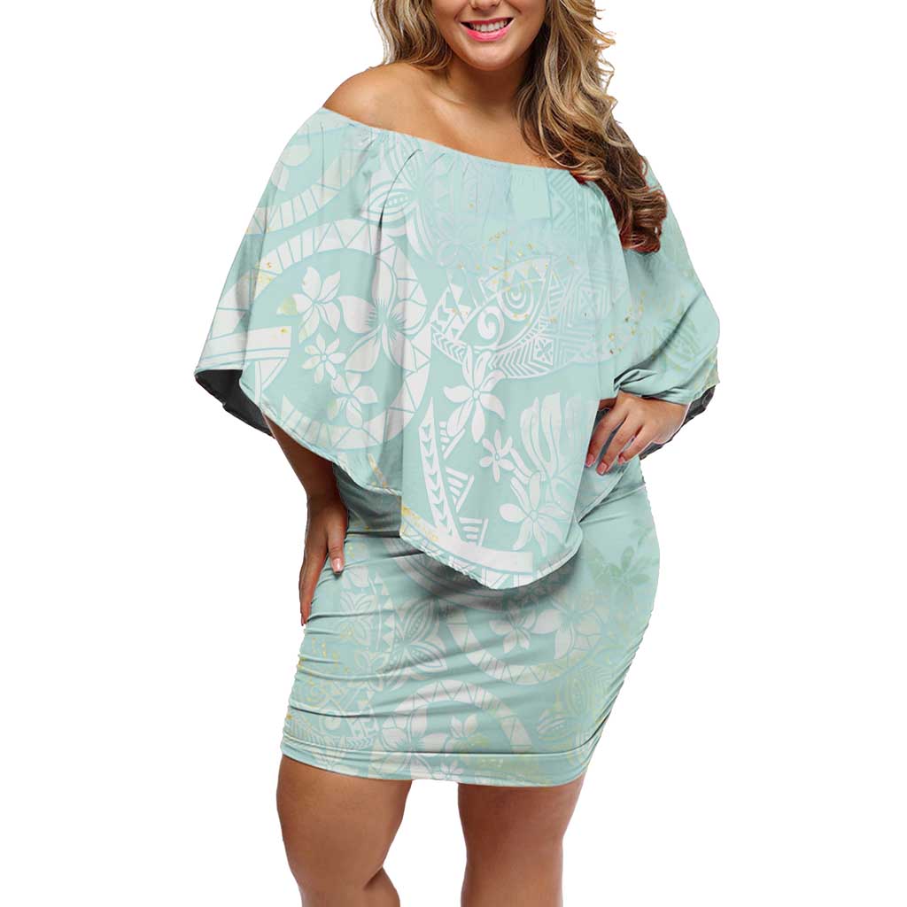 Polynesian Tiare Monstera Seafoam Green Family Matching Off Shoulder Short Dress and Hawaiian Shirt Liquid Style LT01 Mom's Dress Green - Polynesian Pride