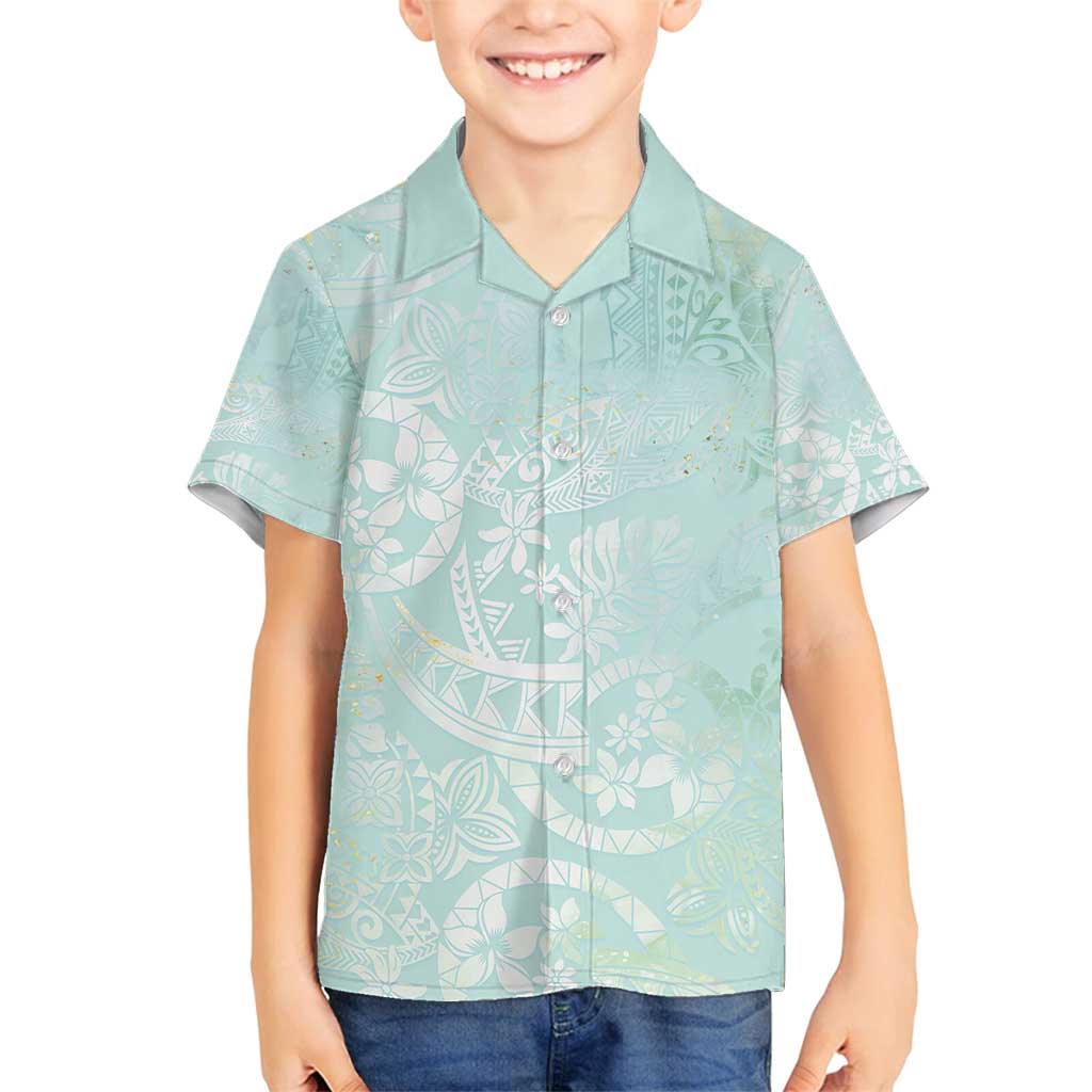 Polynesian Tiare Monstera Seafoam Green Family Matching Off Shoulder Short Dress and Hawaiian Shirt Liquid Style LT01 Son's Shirt Green - Polynesian Pride