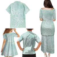 Polynesian Tiare Monstera Seafoam Green Family Matching Puletasi and Hawaiian Shirt Liquid Style LT01 - Polynesian Pride