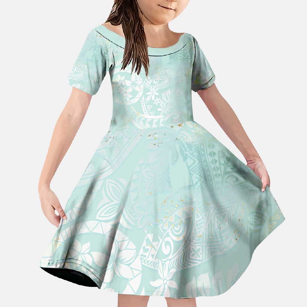 Polynesian Tiare Monstera Seafoam Green Family Matching Short Sleeve Bodycon Dress and Hawaiian Shirt Liquid Style LT01 Daughter's Dress Green - Polynesian Pride