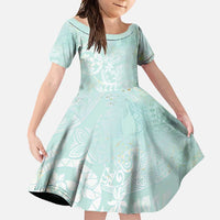 Polynesian Tiare Monstera Seafoam Green Family Matching Short Sleeve Bodycon Dress and Hawaiian Shirt Liquid Style LT01 Daughter's Dress Green - Polynesian Pride