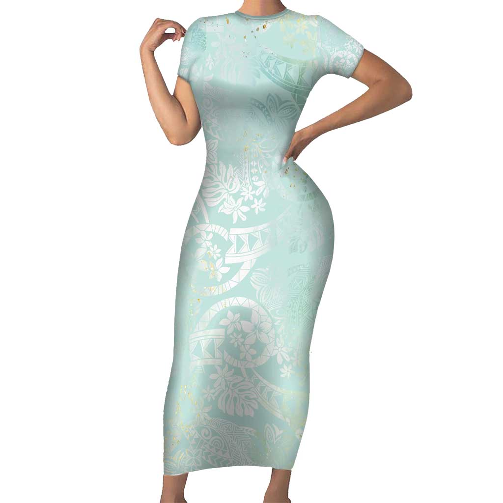 Polynesian Tiare Monstera Seafoam Green Family Matching Short Sleeve Bodycon Dress and Hawaiian Shirt Liquid Style LT01 Mom's Dress Green - Polynesian Pride