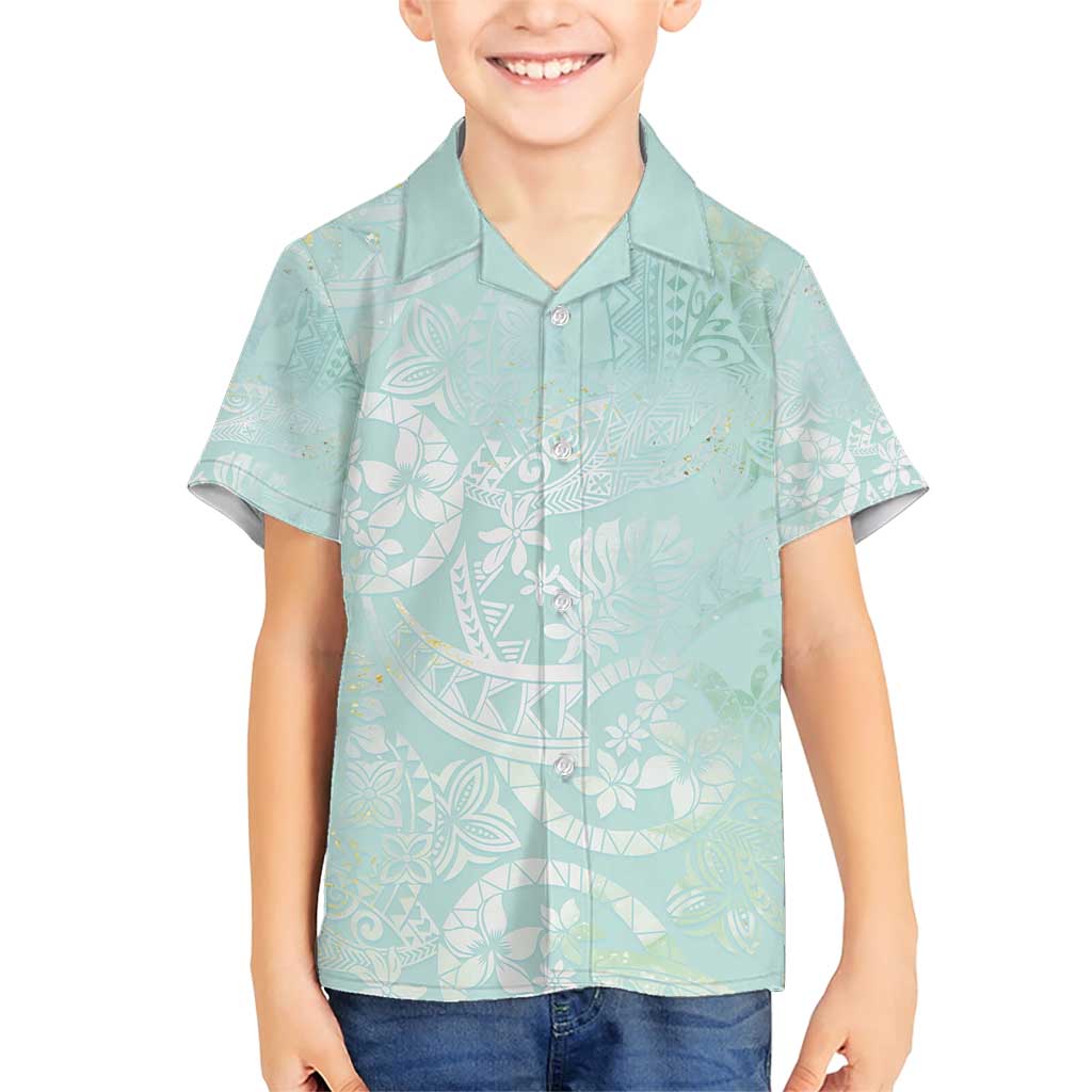Polynesian Tiare Monstera Seafoam Green Family Matching Short Sleeve Bodycon Dress and Hawaiian Shirt Liquid Style LT01 Son's Shirt Green - Polynesian Pride