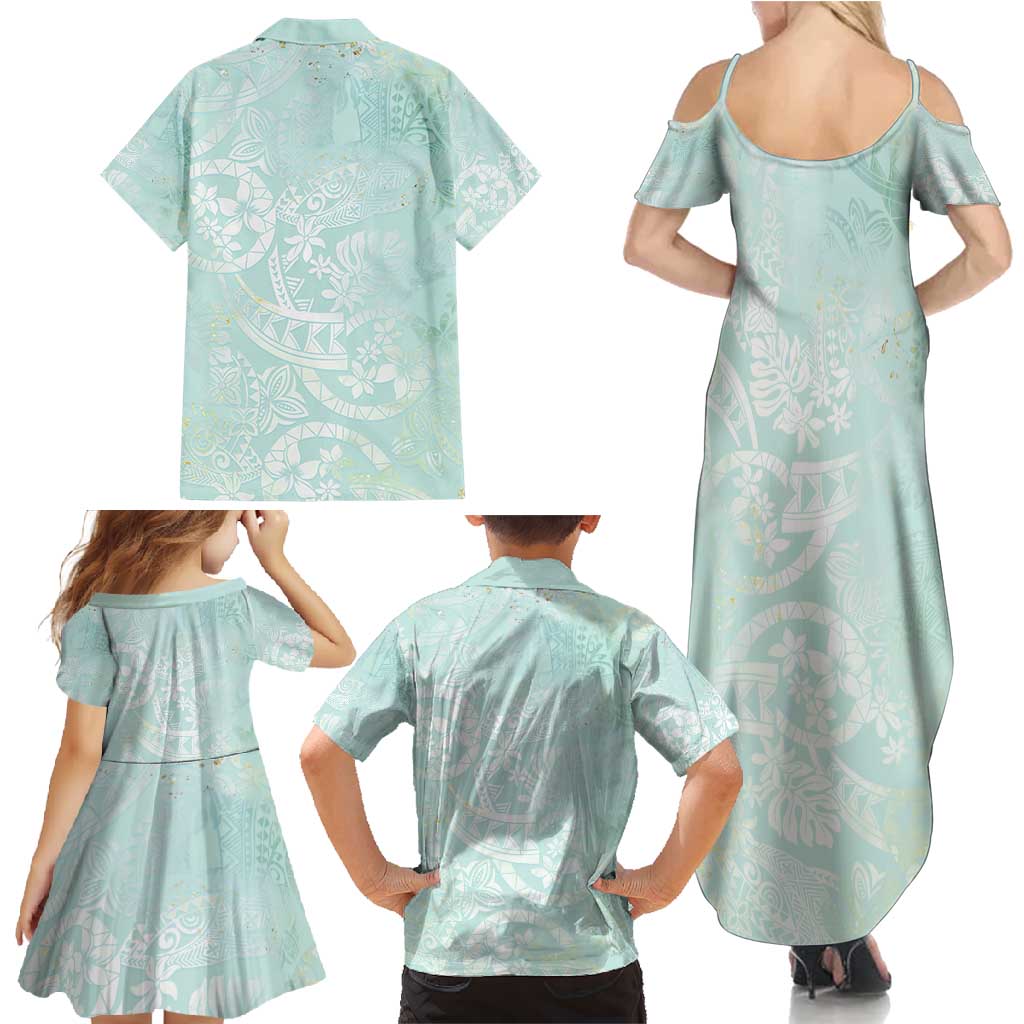 Polynesian Tiare Monstera Seafoam Green Family Matching Summer Maxi Dress and Hawaiian Shirt Liquid Style LT01 - Polynesian Pride