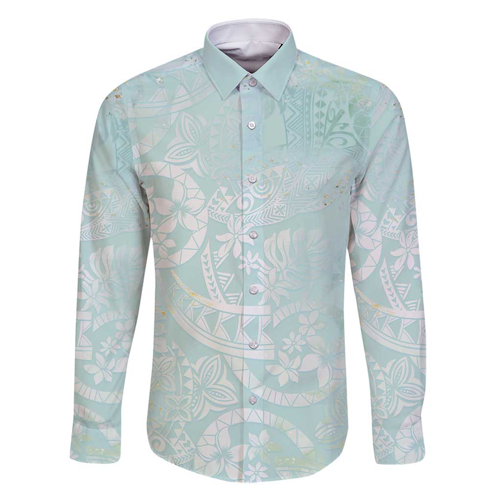 Polynesian Tiare Monstera Seafoam Green Family Matching Summer Maxi Dress and Hawaiian Shirt Liquid Style LT01 Dad's Shirt - Long Sleeve Green - Polynesian Pride