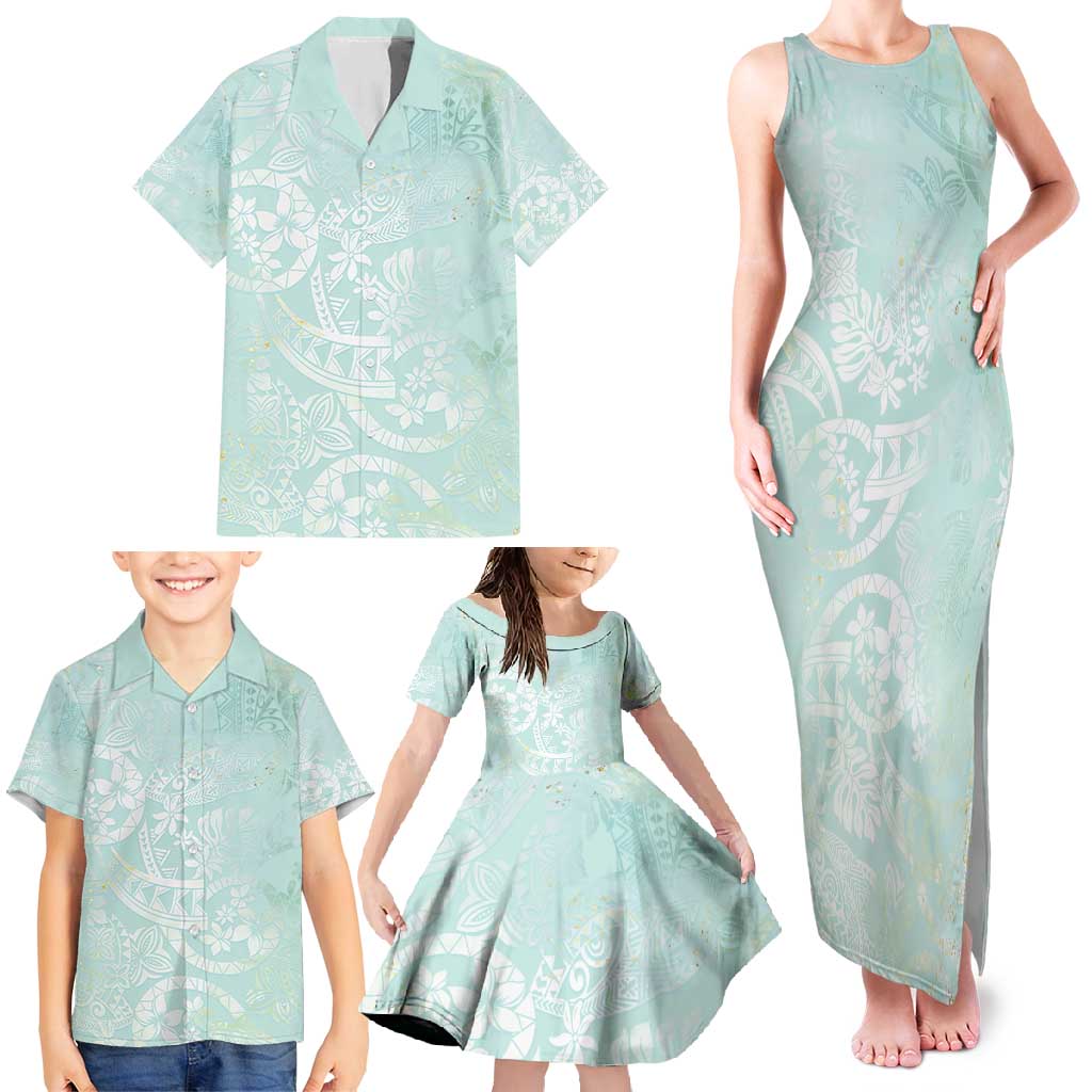 Polynesian Tiare Monstera Seafoam Green Family Matching Tank Maxi Dress and Hawaiian Shirt Liquid Style LT01 - Polynesian Pride