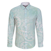 Polynesian Tiare Monstera Seafoam Green Family Matching Tank Maxi Dress and Hawaiian Shirt Liquid Style LT01 Dad's Shirt - Long Sleeve Green - Polynesian Pride