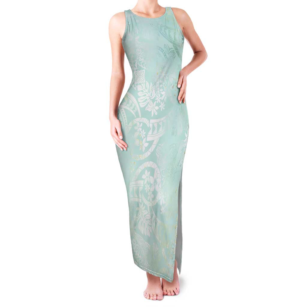 Polynesian Tiare Monstera Seafoam Green Family Matching Tank Maxi Dress and Hawaiian Shirt Liquid Style LT01 Mom's Dress Green - Polynesian Pride