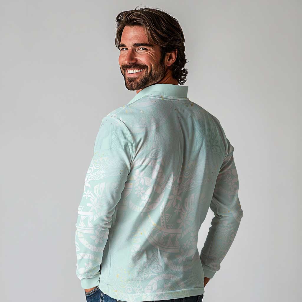 Polynesian Tiare Monstera Seafoam Green Long Sleeve Polo Shirt Liquid Style - Polynesian Pride