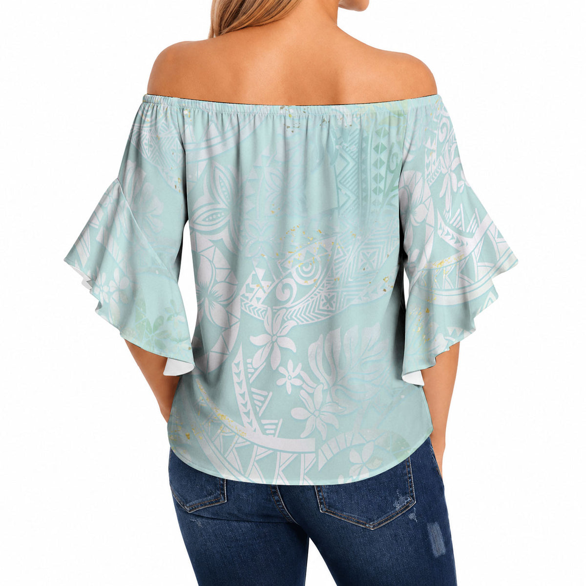 Polynesian Tiare Monstera Seafoam Green Off Shoulder Wrap Waist Top Liquid Style LT01 - Polynesian Pride