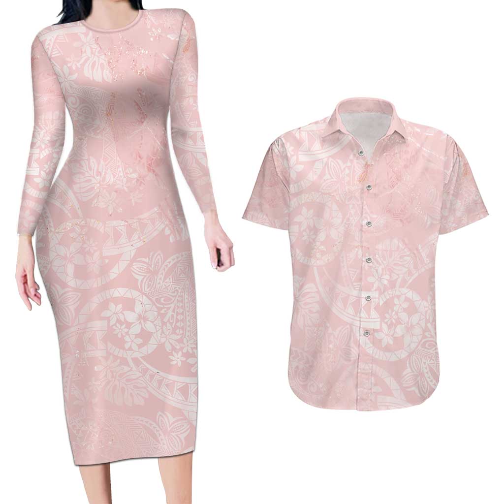 Polynesian Tiare Monstera Soft Pink Couples Matching Long Sleeve Bodycon Dress and Hawaiian Shirt Liquid Style LT01 Pink - Polynesian Pride