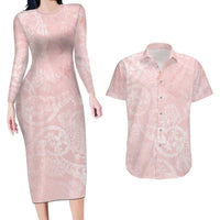 Polynesian Tiare Monstera Soft Pink Couples Matching Long Sleeve Bodycon Dress and Hawaiian Shirt Liquid Style LT01 Pink - Polynesian Pride