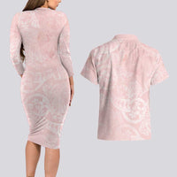 Polynesian Tiare Monstera Soft Pink Couples Matching Long Sleeve Bodycon Dress and Hawaiian Shirt Liquid Style LT01 - Polynesian Pride