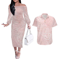 Polynesian Tiare Monstera Soft Pink Couples Matching Off The Shoulder Long Sleeve Dress and Hawaiian Shirt Liquid Style LT01 Pink - Polynesian Pride