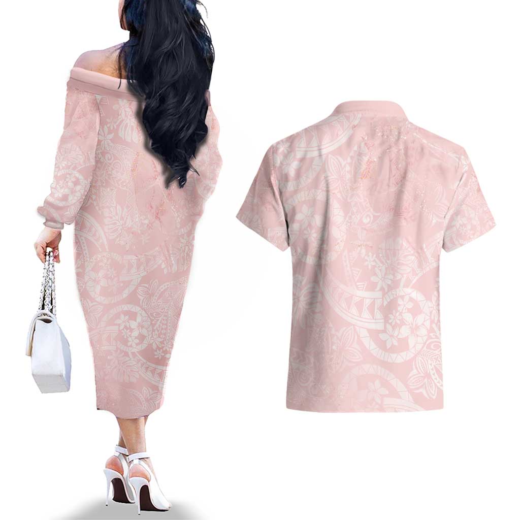 Polynesian Tiare Monstera Soft Pink Couples Matching Off The Shoulder Long Sleeve Dress and Hawaiian Shirt Liquid Style LT01 - Polynesian Pride