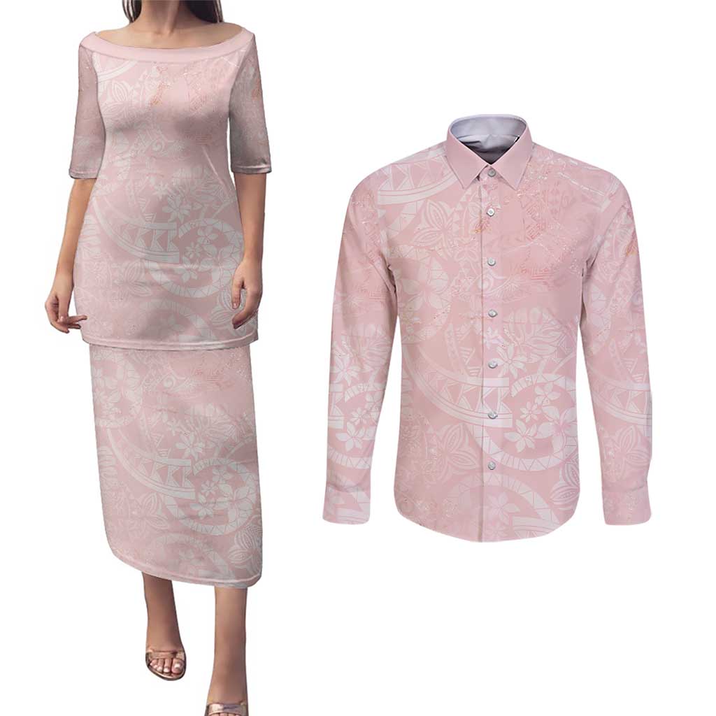 Polynesian Tiare Monstera Soft Pink Couples Matching Puletasi and Long Sleeve Button Shirt Liquid Style - Polynesian Pride
