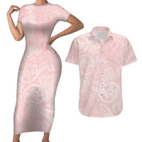 Polynesian Tiare Monstera Soft Pink Couples Matching Short Sleeve Bodycon Dress and Hawaiian Shirt Liquid Style LT01 Pink - Polynesian Pride