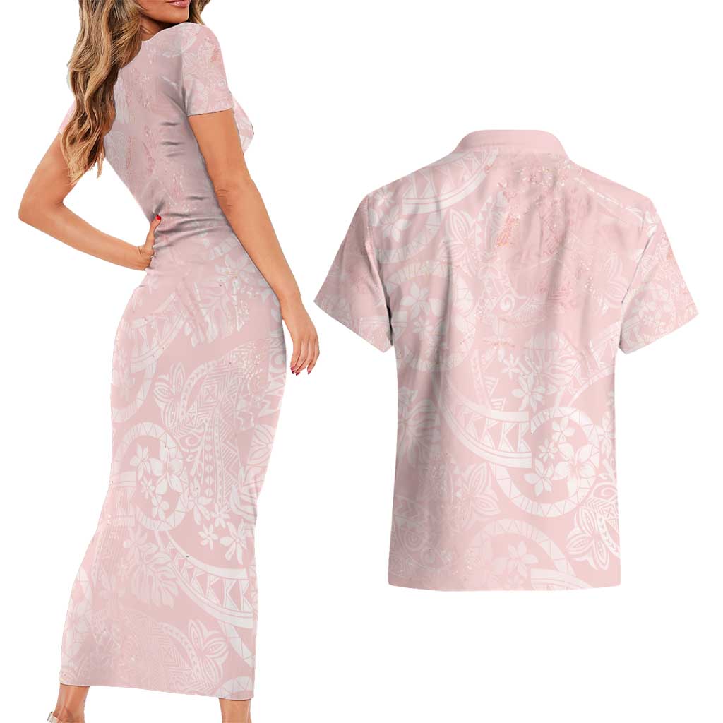Polynesian Tiare Monstera Soft Pink Couples Matching Short Sleeve Bodycon Dress and Hawaiian Shirt Liquid Style LT01 - Polynesian Pride