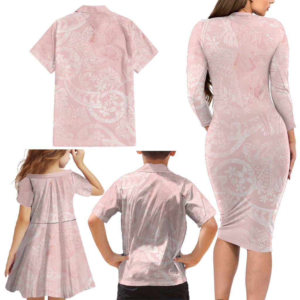 Polynesian Tiare Monstera Soft Pink Family Matching Long Sleeve Bodycon Dress and Hawaiian Shirt Liquid Style LT01 - Polynesian Pride