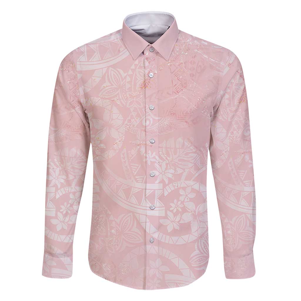 Polynesian Tiare Monstera Soft Pink Family Matching Long Sleeve Bodycon Dress and Hawaiian Shirt Liquid Style LT01 Dad's Shirt - Long Sleeve Pink - Polynesian Pride