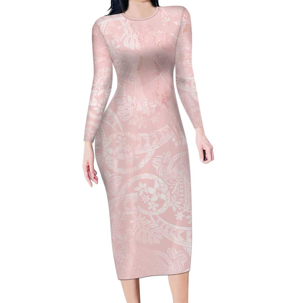Polynesian Tiare Monstera Soft Pink Family Matching Long Sleeve Bodycon Dress and Hawaiian Shirt Liquid Style LT01 Mom's Dress Pink - Polynesian Pride