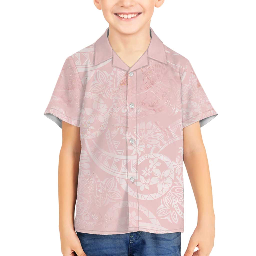 Polynesian Tiare Monstera Soft Pink Family Matching Long Sleeve Bodycon Dress and Hawaiian Shirt Liquid Style LT01 Son's Shirt Pink - Polynesian Pride