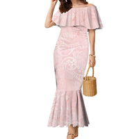 Polynesian Tiare Monstera Soft Pink Family Matching Mermaid Dress and Hawaiian Shirt Liquid Style LT01 Mom's Dress Pink - Polynesian Pride
