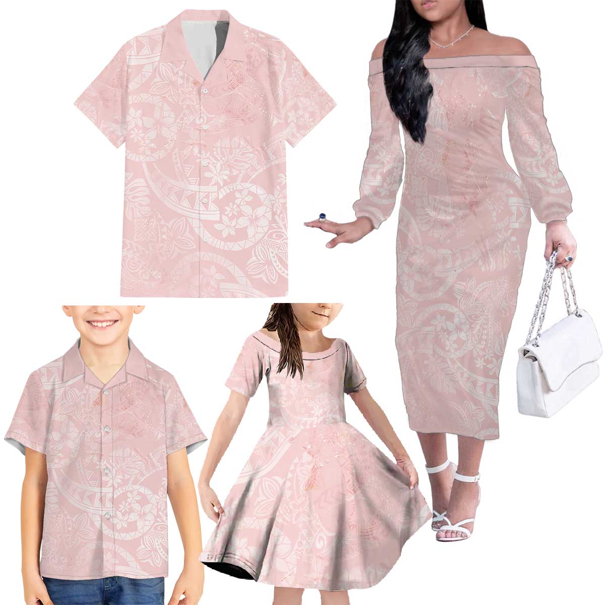 Polynesian Tiare Monstera Soft Pink Family Matching Off The Shoulder Long Sleeve Dress and Hawaiian Shirt Liquid Style LT01 - Polynesian Pride