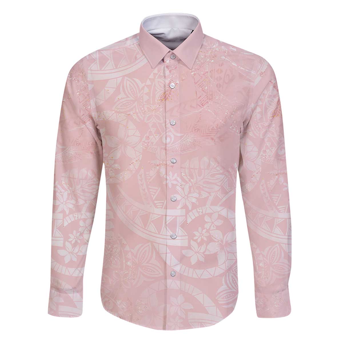 Polynesian Tiare Monstera Soft Pink Family Matching Off The Shoulder Long Sleeve Dress and Hawaiian Shirt Liquid Style LT01 Dad's Shirt - Long Sleeve Pink - Polynesian Pride