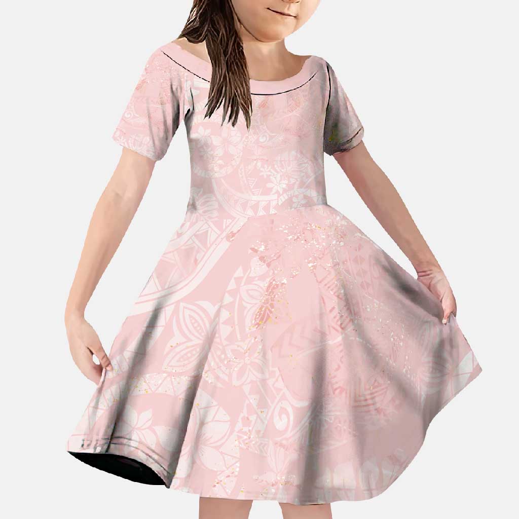 Polynesian Tiare Monstera Soft Pink Family Matching Off Shoulder Maxi Dress and Hawaiian Shirt Liquid Style LT01 Daughter's Dress Pink - Polynesian Pride