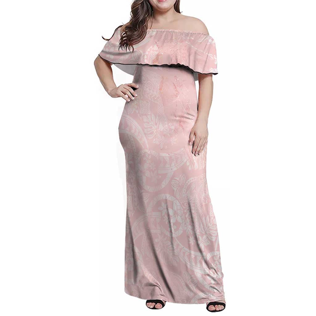 Polynesian Tiare Monstera Soft Pink Family Matching Off Shoulder Maxi Dress and Hawaiian Shirt Liquid Style LT01 Mom's Dress Pink - Polynesian Pride