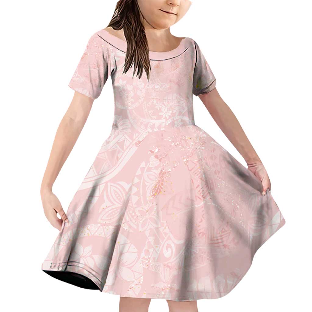 Polynesian Tiare Monstera Soft Pink Family Matching Off Shoulder Short Dress and Hawaiian Shirt Liquid Style LT01 Daughter's Dress Pink - Polynesian Pride