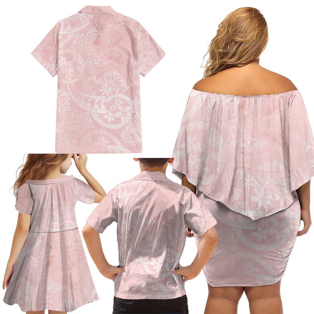 Polynesian Tiare Monstera Soft Pink Family Matching Off Shoulder Short Dress and Hawaiian Shirt Liquid Style LT01 - Polynesian Pride