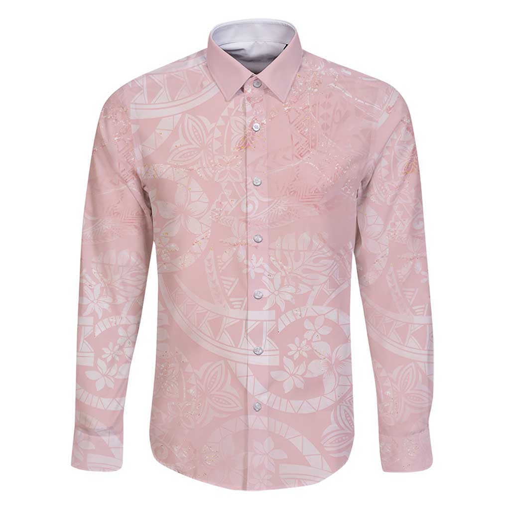 Polynesian Tiare Monstera Soft Pink Family Matching Puletasi and Hawaiian Shirt Liquid Style LT01 Dad's Shirt - Long Sleeve Pink - Polynesian Pride