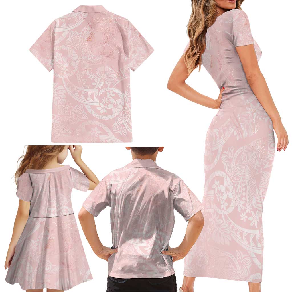 Polynesian Tiare Monstera Soft Pink Family Matching Short Sleeve Bodycon Dress and Hawaiian Shirt Liquid Style LT01 - Polynesian Pride