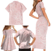 Polynesian Tiare Monstera Soft Pink Family Matching Short Sleeve Bodycon Dress and Hawaiian Shirt Liquid Style LT01 - Polynesian Pride